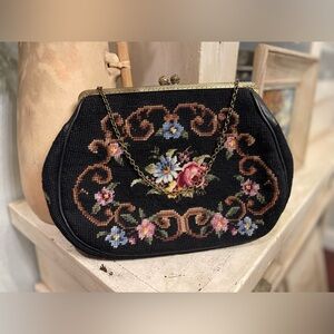 Vintage X Large Needlepoint Floral Victorian Style Clutch Purse
